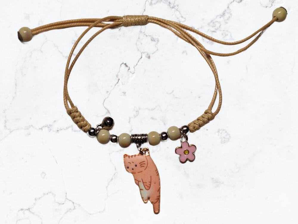 Dangling Pink and Cream Cat Bracelet